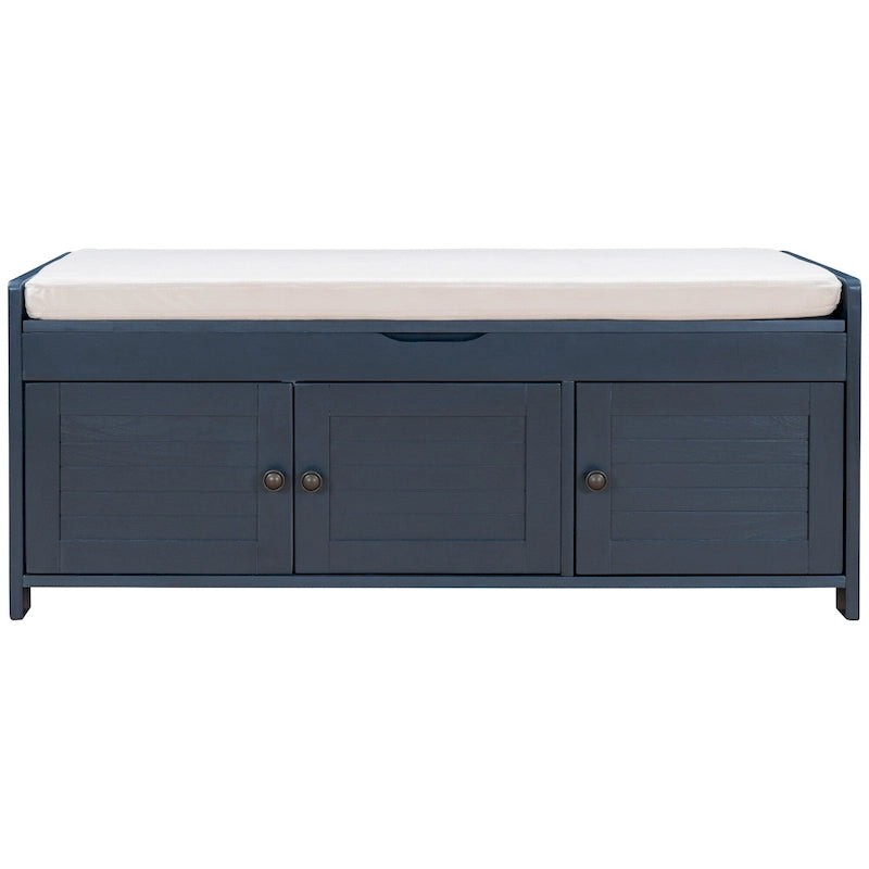 Upholstered Storage Ottoman Bench with 3 Shutter-Shaped Doors Cabinet