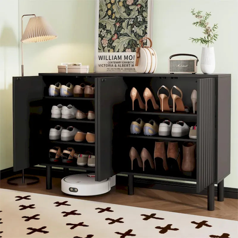 Shoe Cabinet with 5 Solid Wood Legs, Sideboard Buffet Cabinet with Fluted Doors, 4-Door Storage Cabinet with Adjustable Shelves