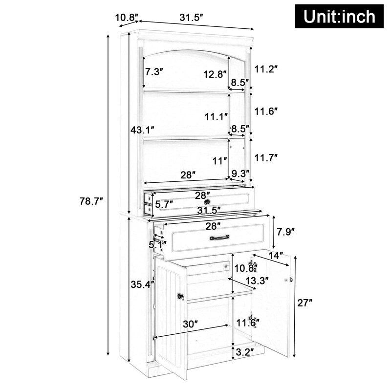 Bathroom Cabinet with 2 Doors, Drawers, Adjustable Shelf & 3 Open Shelves