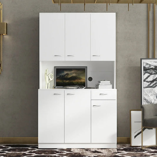 White 71 Tall Kitchen Pantry Buffet Cabinet with 6-Doors, 1-Open Shelves and 1-Drawer - 39.37W x 15.35 D x70.87H