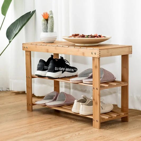 2-Tier Bamboo Shoe Bench Entryway Storage Racks - 27.5L x 11.0W x 18.0H