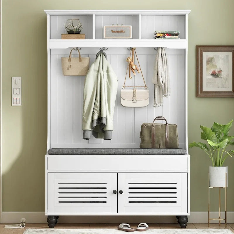 47.2 Entryway Bench with Shutter-Shaped Doors, Coat Rack, Cushion and 4 Sturdy Hooks