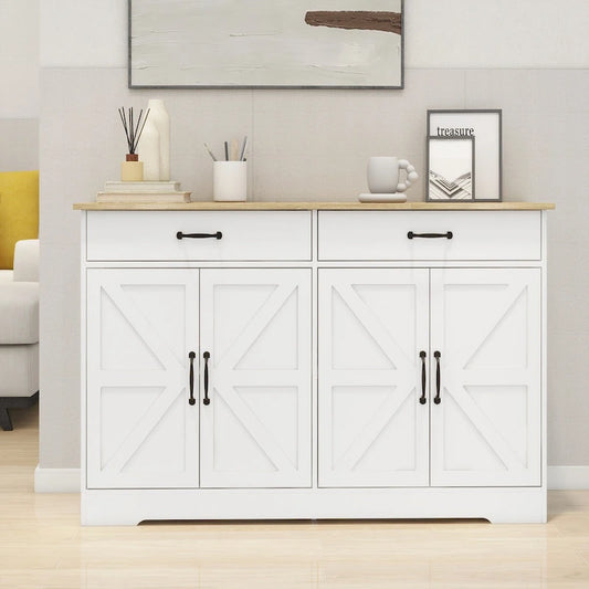 47.95 Farmhouse Buffet Cabinet Storage Sideboard with 2 Drawers and 4 Doors for Dining Living Room Kitchen Cupboard-White