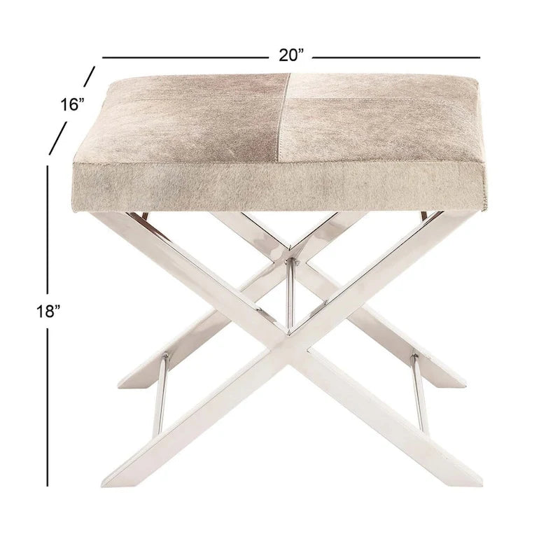 Leather Bench or Stool with Silver X-Shaped Stainless Metal Base - Beige or Gray - Roche River Decor