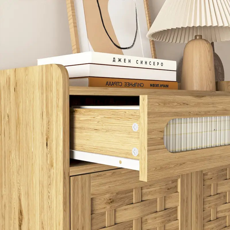 Coffee Bar Cabinet, Modern Farmhouse Buffet Sideboard with Drawer and Adjustable Shelf, Barn Door Storage Cabinet