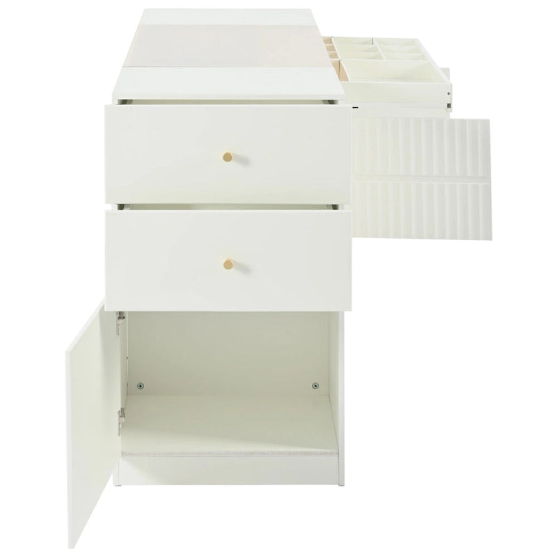 Multi-Functional Island Vanity Dresser and Storage Cabinet with Glass Tabletop, Display Shelf,6 Drawers