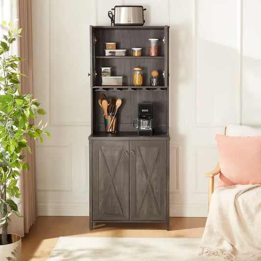 Coffee Bar Cabinet with Microwave Stand Metal Frame Side Home Source Bar Cabinet Cabinet and Hollow out Barn Design Wood Cabinet