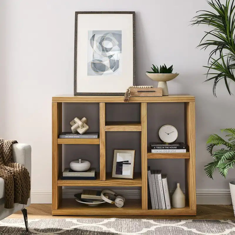 Open Wooden Open Shelf Bookcase, Freestanding Display Cabinet with 7 Cube Storage Spaces, Floor Standing Bookshelf, Entryway