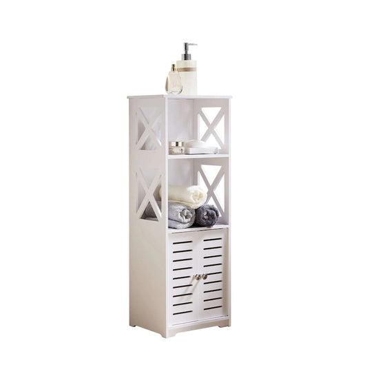 Bathroom Floor Storage Cabinet, Side Toilet Cabinet with Door and Shelfs, White