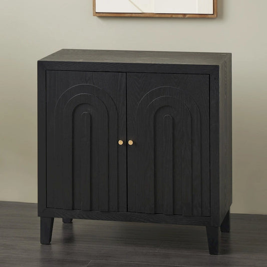 Wooden Geometric Art Deco Inspired Carved Arch 2 Door Room Cabinet with Gold Knobs - Black - Roche River Decor