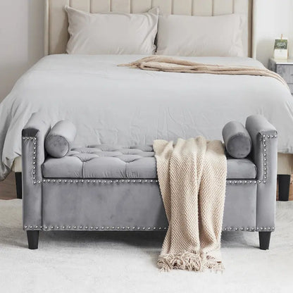 Queen Velvet Tufted Button Upholstered Storage Bench with Armrests and Nailhead Trim