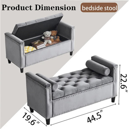 Queen Velvet Tufted Button Upholstered Storage Bench with Armrests and Nailhead Trim