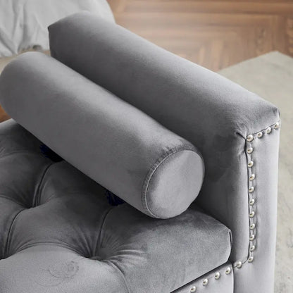 Queen Velvet Tufted Button Upholstered Storage Bench with Armrests and Nailhead Trim