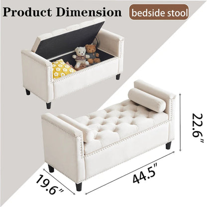Queen Velvet Tufted Button Upholstered Storage Bench with Armrests and Nailhead Trim