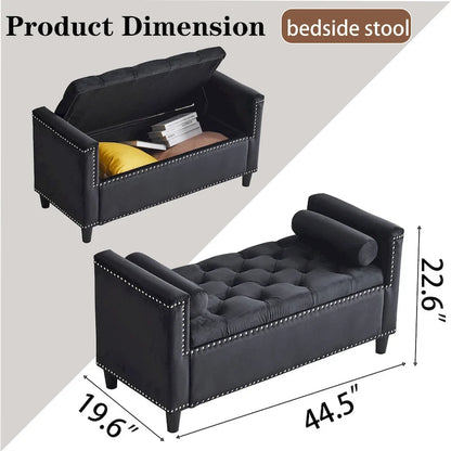 Queen Velvet Tufted Button Upholstered Storage Bench with Armrests and Nailhead Trim