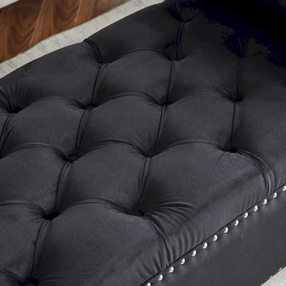 Queen Velvet Tufted Button Upholstered Storage Bench with Armrests and Nailhead Trim