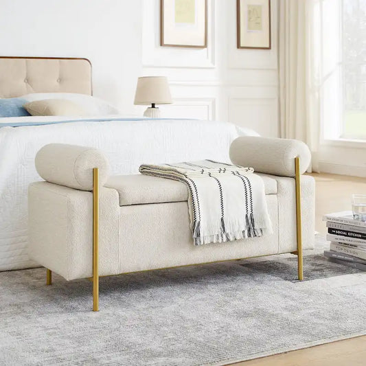 Upholstered Linen Storage Bench with Cylindrical Arms and Gold Metal Legs