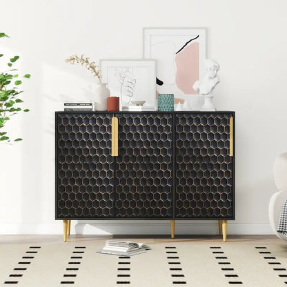 3 Door Storage Cabinet,Buffeet Sideboard with Adjustable Shelves,Honeycomb Seamless Hexagons Pattern Metal Door