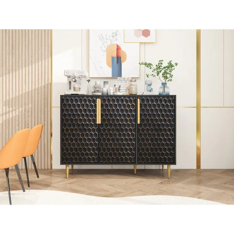 3 Door Storage Cabinet,Buffeet Sideboard with Adjustable Shelves,Honeycomb Seamless Hexagons Pattern Metal Door