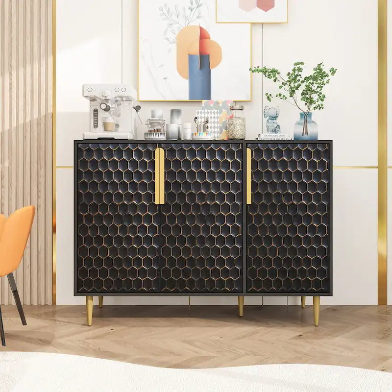 3 Door Storage Cabinet,Buffeet Sideboard with Adjustable Shelves,Honeycomb Seamless Hexagons Pattern Metal Door