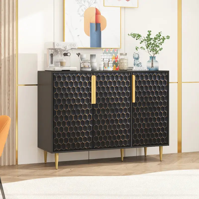 3 Door Storage Cabinet,Buffeet Sideboard with Adjustable Shelves,Honeycomb Seamless Hexagons Pattern Metal Door