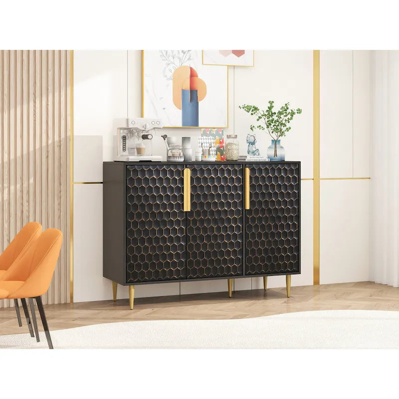 3 Door Storage Cabinet,Buffeet Sideboard with Adjustable Shelves,Honeycomb Seamless Hexagons Pattern Metal Door