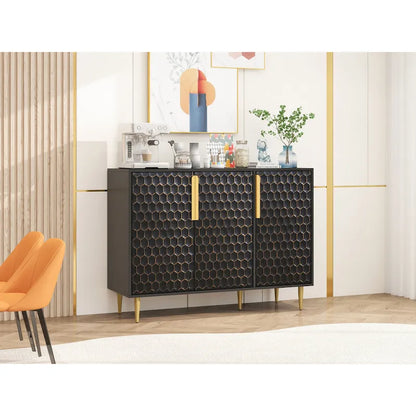 3 Door Storage Cabinet,Buffeet Sideboard with Adjustable Shelves,Honeycomb Seamless Hexagons Pattern Metal Door