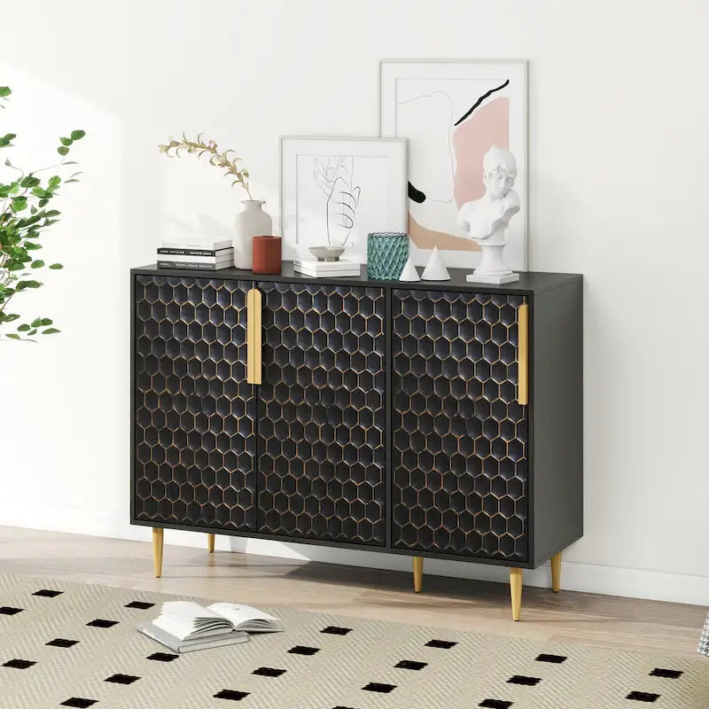 3 Door Storage Cabinet,Buffeet Sideboard with Adjustable Shelves,Honeycomb Seamless Hexagons Pattern Metal Door