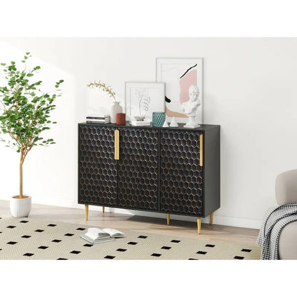 3 Door Storage Cabinet,Buffeet Sideboard with Adjustable Shelves,Honeycomb Seamless Hexagons Pattern Metal Door