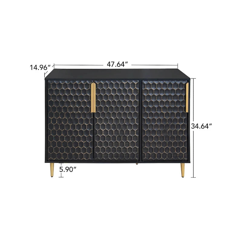 3 Door Storage Cabinet,Buffeet Sideboard with Adjustable Shelves,Honeycomb Seamless Hexagons Pattern Metal Door