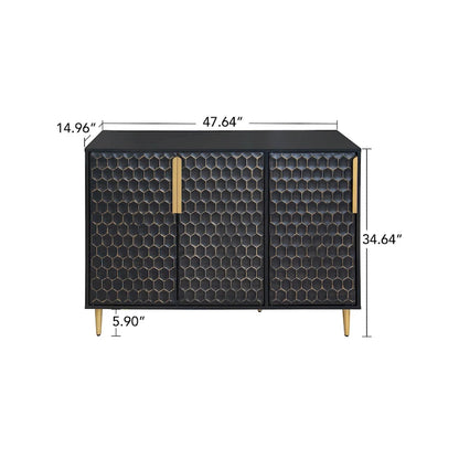 3 Door Storage Cabinet,Buffeet Sideboard with Adjustable Shelves,Honeycomb Seamless Hexagons Pattern Metal Door