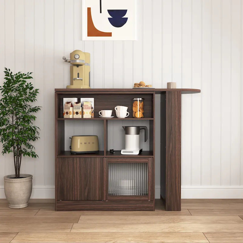 Modern Bar Cabinet with Rotating Top, Counter Height Dining Cabinet with 6 Storage Space and 2 Ribbed Glass Door
