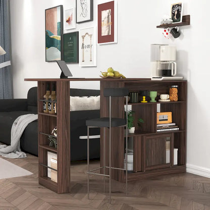Modern Bar Cabinet with Rotating Top, Counter Height Dining Cabinet with 6 Storage Space and 2 Ribbed Glass Door