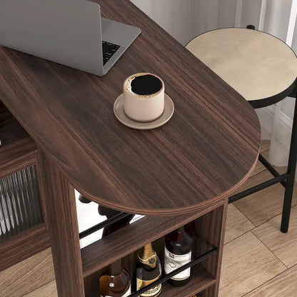 Modern Bar Cabinet with Rotating Top, Counter Height Dining Cabinet with 6 Storage Space and 2 Ribbed Glass Door