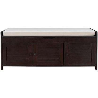 Upholstered Storage Ottoman Bench with 3 Shutter-Shaped Doors Cabinet