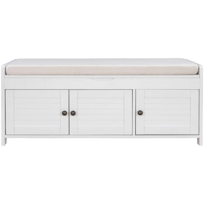 Upholstered Storage Ottoman Bench with 3 Shutter-Shaped Doors Cabinet