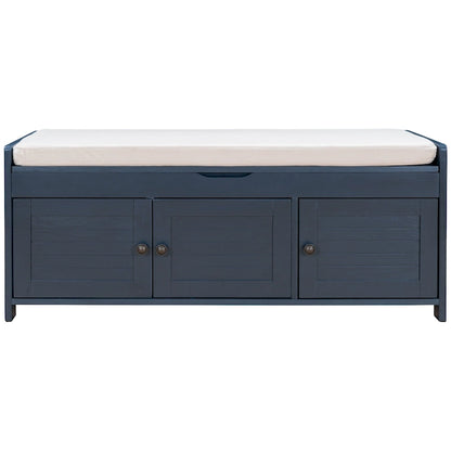 Upholstered Storage Ottoman Bench with 3 Shutter-Shaped Doors Cabinet