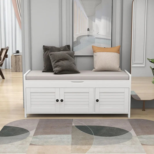 Upholstered Storage Ottoman Bench with 3 Shutter-Shaped Doors Cabinet