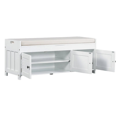 Upholstered Storage Ottoman Bench with 3 Shutter-Shaped Doors Cabinet