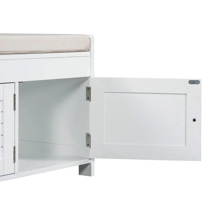 Upholstered Storage Ottoman Bench with 3 Shutter-Shaped Doors Cabinet