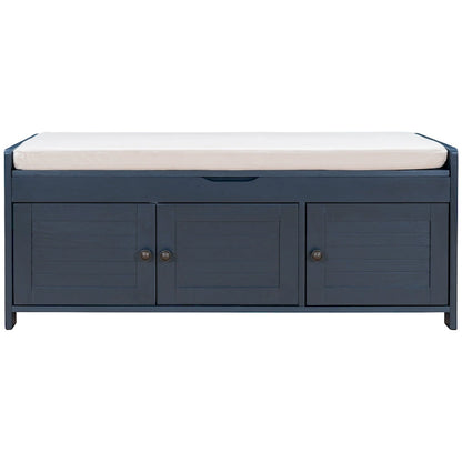 Upholstered Storage Ottoman Bench with 3 Shutter-Shaped Doors Cabinet