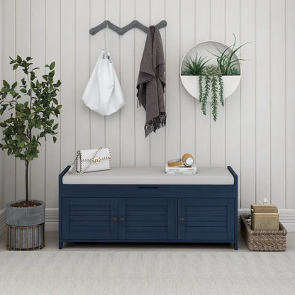 Upholstered Storage Ottoman Bench with 3 Shutter-Shaped Doors Cabinet