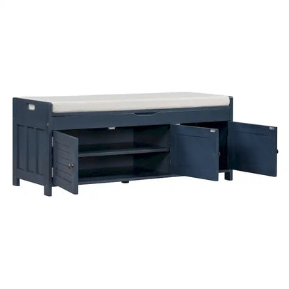 Upholstered Storage Ottoman Bench with 3 Shutter-Shaped Doors Cabinet