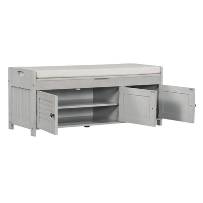 Upholstered Storage Ottoman Bench with 3 Shutter-Shaped Doors Cabinet