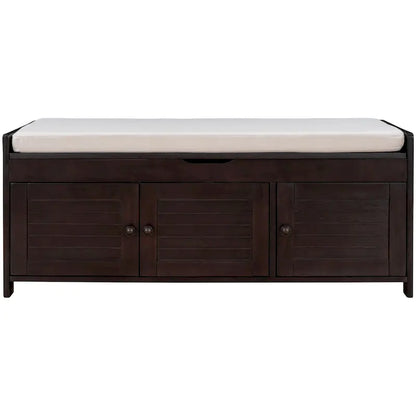 Upholstered Storage Ottoman Bench with 3 Shutter-Shaped Doors Cabinet