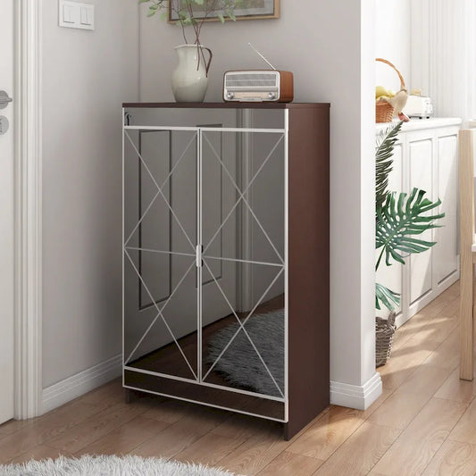 Elegant Decor Mirrored Cabinet with Silver Edging,Mirrored Cabinet with Double Door Storage,Shoe Storage Cabinet