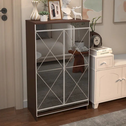 Elegant Decor Mirrored Cabinet with Silver Edging,Mirrored Cabinet with Double Door Storage,Shoe Storage Cabinet