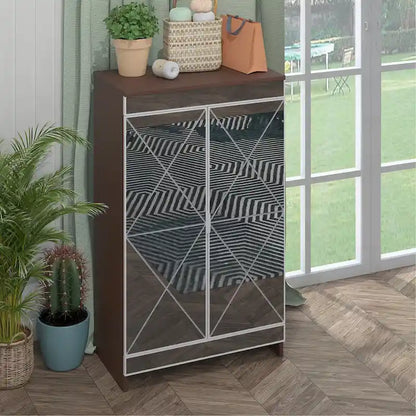 Elegant Decor Mirrored Cabinet with Silver Edging,Mirrored Cabinet with Double Door Storage,Shoe Storage Cabinet