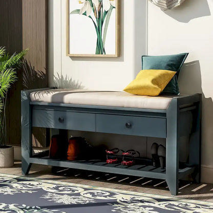 Shoe Rack with Cushioned Seat and Drawers, Multipurpose Entryway Storage Bench