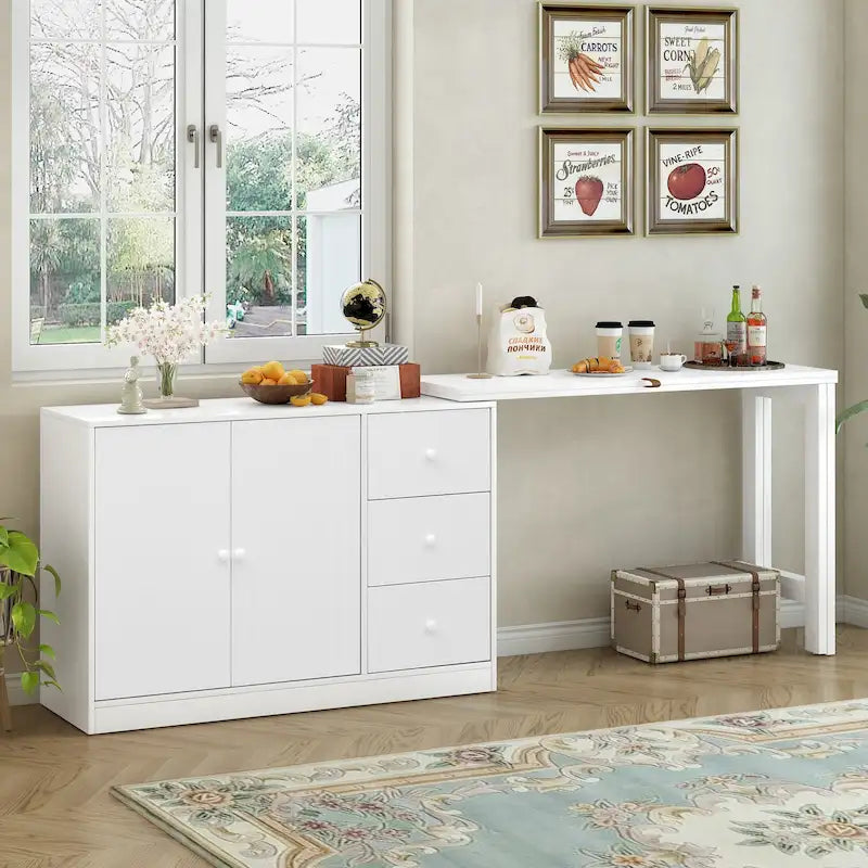 Innovative Sideboard with 2-Door,3-Drawer Design and Adjustable Pull-Out Top for Flexible Use,for Entrance and Living Room
